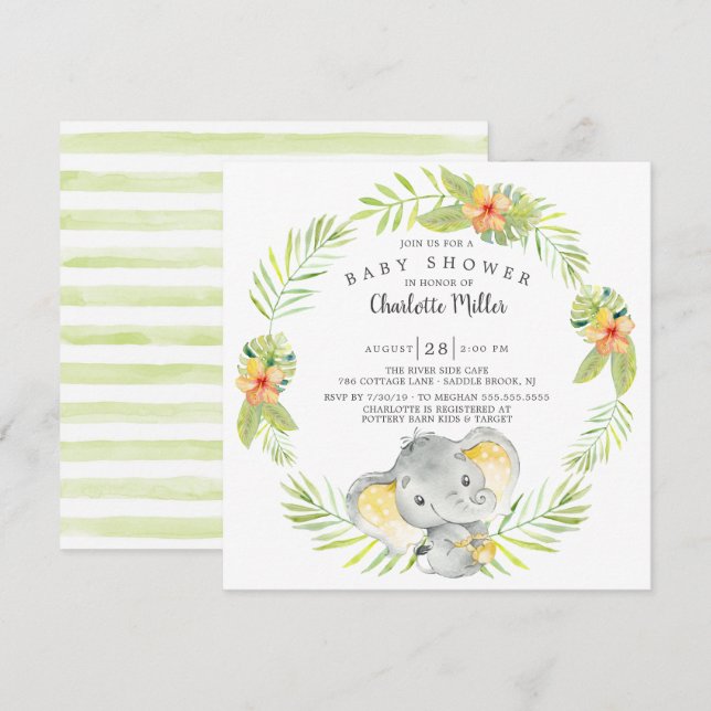 Niedliches Gender Neutral Dschungel Elephant Babyd Einladung (Vorne/Hinten)