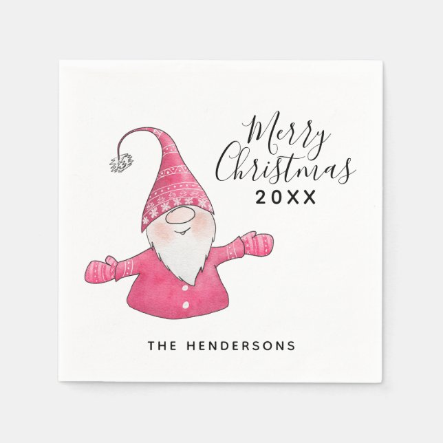 Niedliches Genom in Pink Frohe Weihnachten Serviette (Vorderseite)