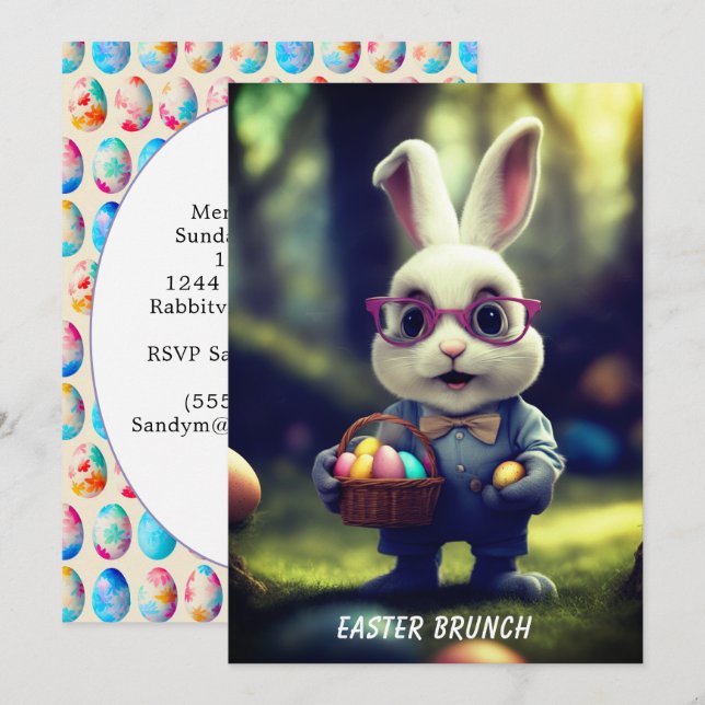 Niedliches gepresstes Bunny & Basket Brunch Einladung (Vorne/Hinten)