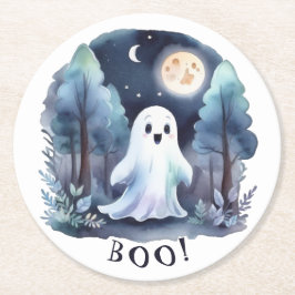 Niedliches Gespenst Geist im Wald Halloween Runder Pappuntersetzer