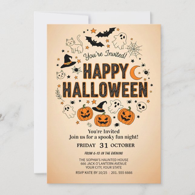 niedliches Gespenst & Kürbis Halloween-Party Einla Einladung (Vorderseite)