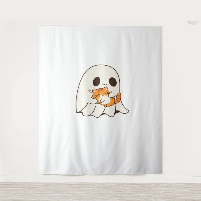 Niedliches Gespenst und Katze, Halloween Classic T Wandteppich (Vorderseite)