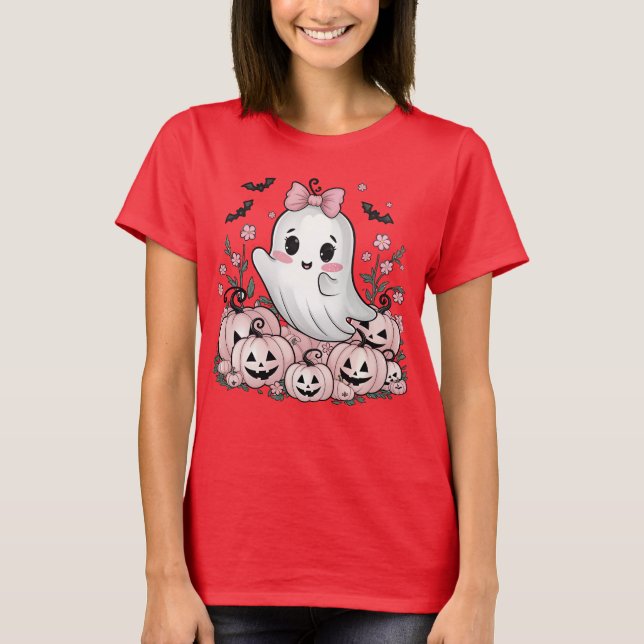 Niedliches Ghost Halloween Kawaii Pumpkin & Bat De T-Shirt (Vorderseite)