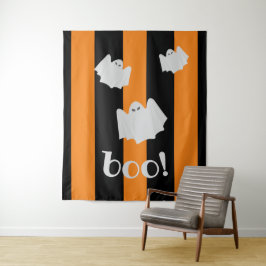 Niedliches Ghost Halloween Orange Black Strip Hint Wandteppich