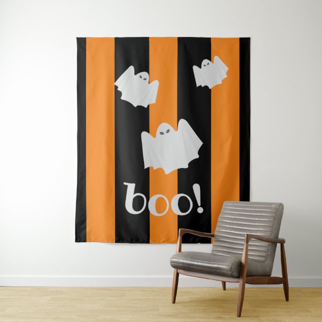 Niedliches Ghost Halloween Orange Black Strip Hint Wandteppich (Beispiel)