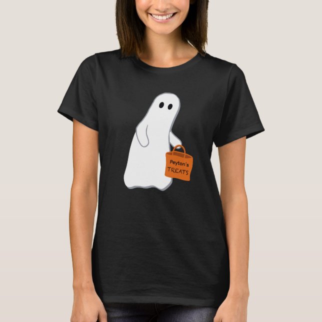 Niedliches Ghost mit Leckerei Bag Personalisierter T-Shirt (Vorderseite)