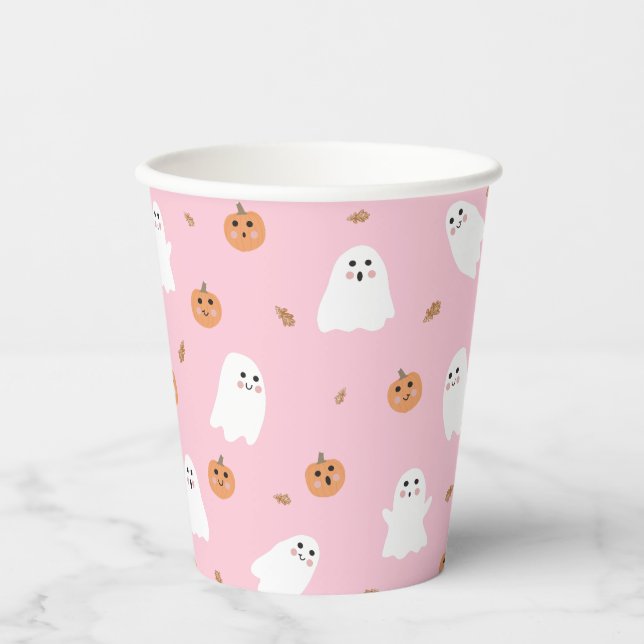 Niedliches Ghost-Pink-Pink-Halloween-Muster Pappbecher (Vorderseite)
