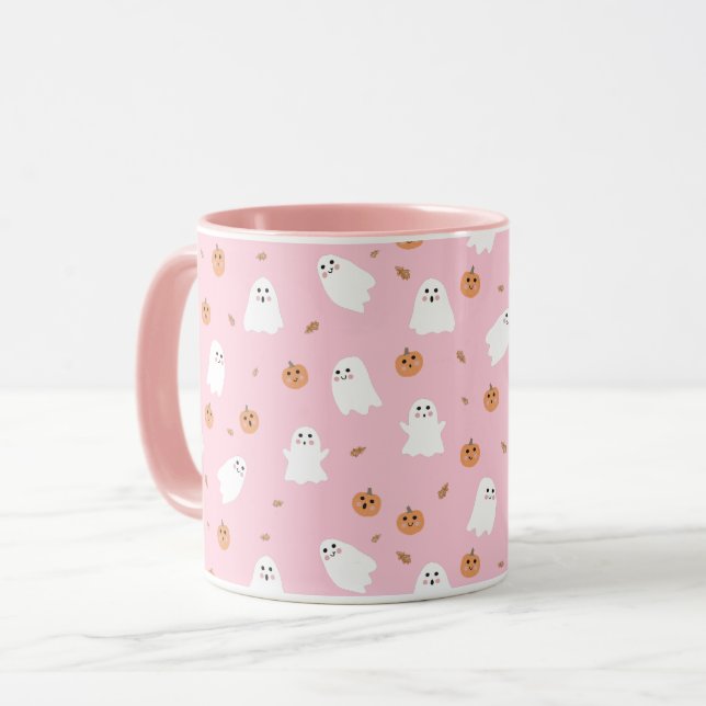 Niedliches Ghost-Pink-Pink-Halloween-Muster Tasse (Vorderseite Links)
