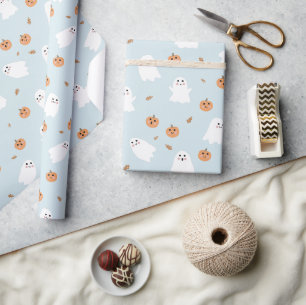 Niedliches Ghost & Pumpkin Blue Halloween-Muster Geschenkpapier
