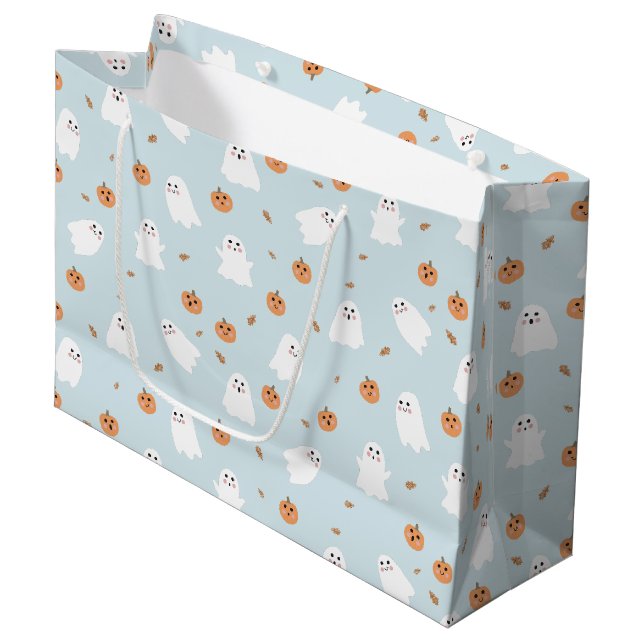 Niedliches Ghost & Pumpkin Blue Halloween-Muster Große Geschenktüte (Vorderseite Schrägansicht)