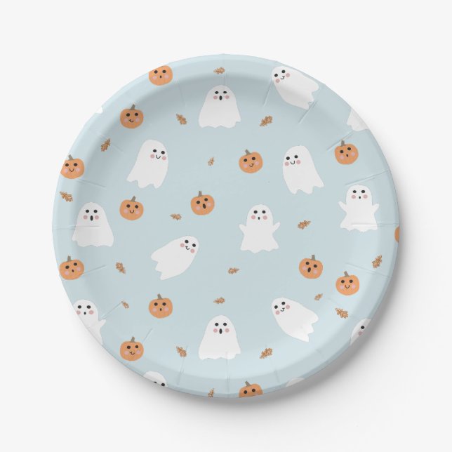 Niedliches Ghost & Pumpkin Blue Halloween-Muster Pappteller (Vorderseite)