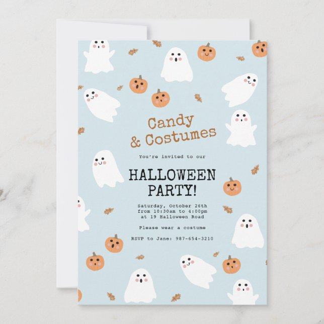 Niedliches Ghost & Pumpkin Blue Halloween-Party Einladung (Vorderseite)