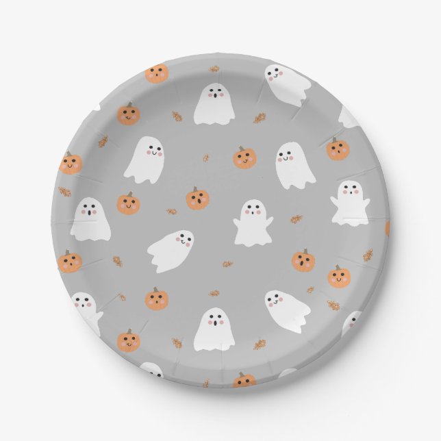 Niedliches Ghost & Pumpkin Graues Halloween-Muster Pappteller (Vorderseite)