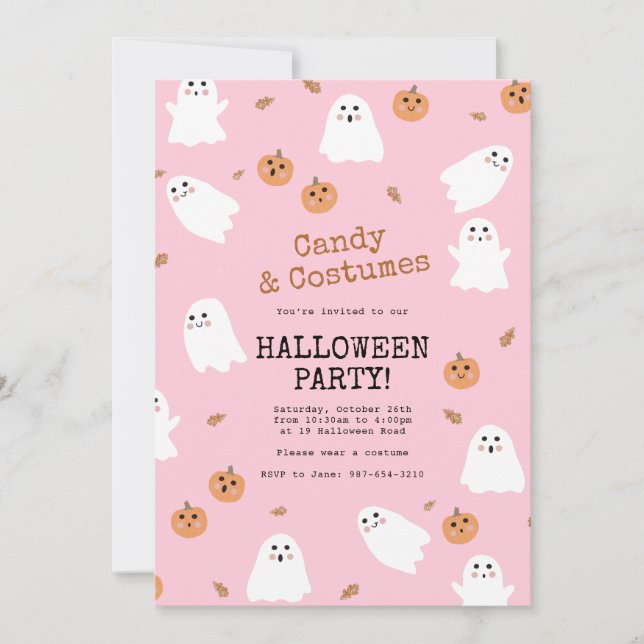 Niedliches Ghost & Pumpkin Pink Halloween-Party Einladung (Vorderseite)