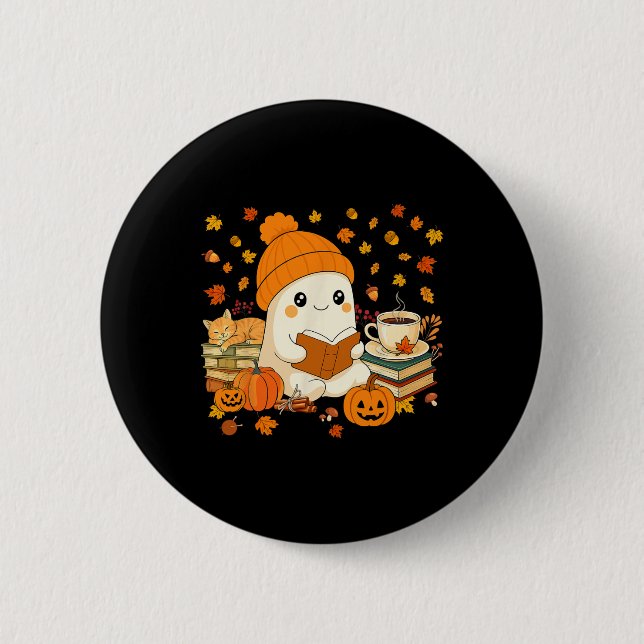 Niedliches Ghost Reading Buch Liebhaber Herbstfall Button (Vorderseite)