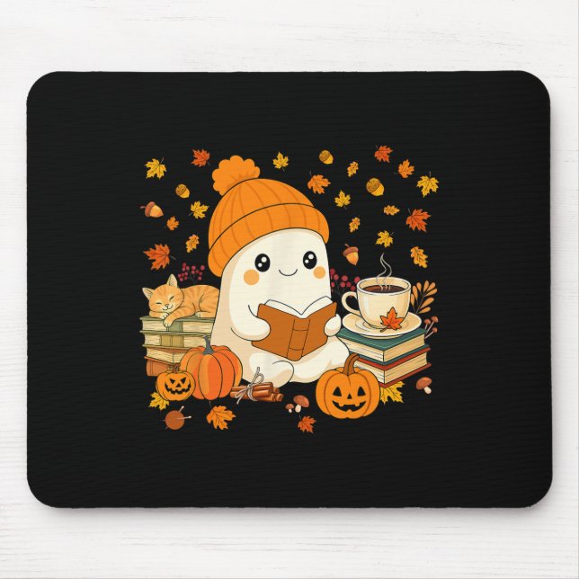 Niedliches Ghost Reading Buch Liebhaber Herbstfall Mousepad (Vorne)