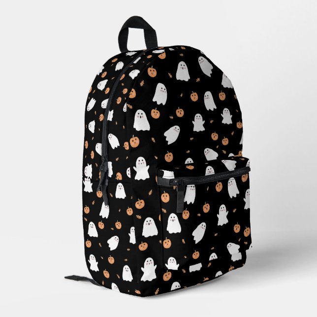 Niedliches Ghost- und Kürbisschwarz Halloween-Must Bedruckter Rucksack (Rückseitige Ecke links)