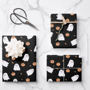 Niedliches Ghost- und Kürbisschwarz Halloween-Must Geschenkpapier Set