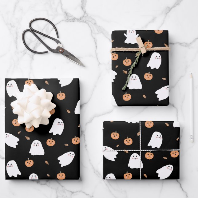 Niedliches Ghost- und Kürbisschwarz Halloween-Must Geschenkpapier Set (Vorderseite)