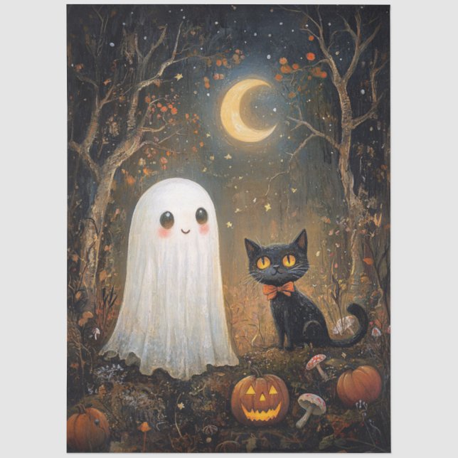 Niedliches Ghost- und SchwarzkatzenHalloween-Dekou Seidenpapier (Vorderseite)