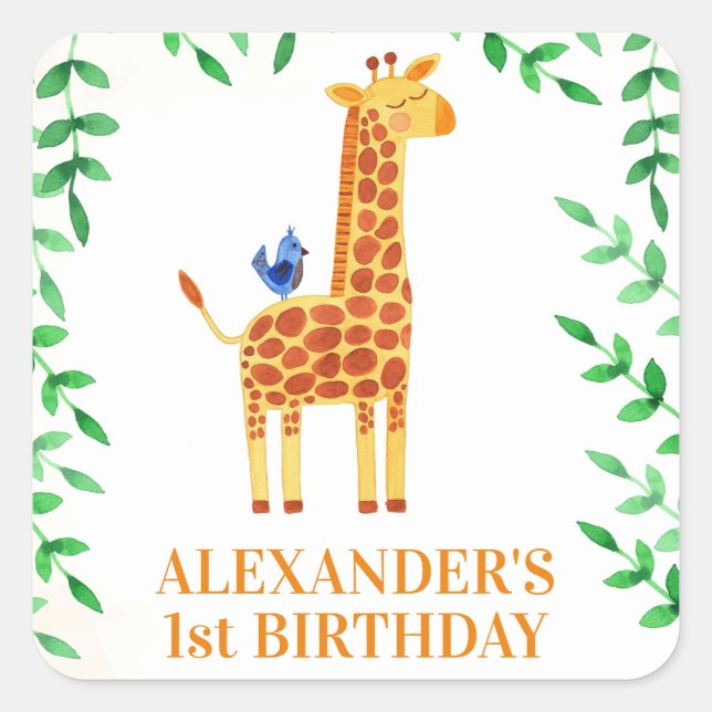 niedliches Giraffe & Bird Whimsical Party zum 1. G Quadratischer Aufkleber (Vorderseite)