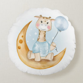 NIEDLICHES GIRAFFE MIT BLAUEM BALLOON AUF DEM Mond Rundes Kissen
