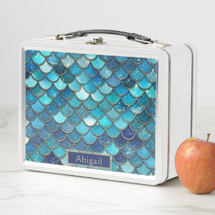Niedliches Girl Aquamarin Blue Gold Mermaid Scales Metall Brotdose