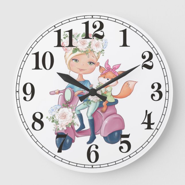 Niedliches Girl auf Scooter mit Fox Wall Clock Große Wanduhr (Vorderseite)