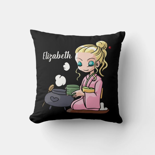 Niedliches Girl Drinking Tee Personalisiert Kissen (Vorderseite)