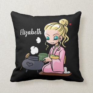 Niedliches Girl Drinking Tee Personalisiert Kissen