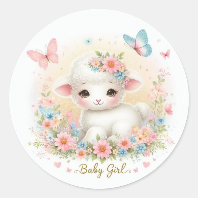 Niedliches Girl-Lamm, Schmetterlinge und Blume Runder Aufkleber (Vorderseite)