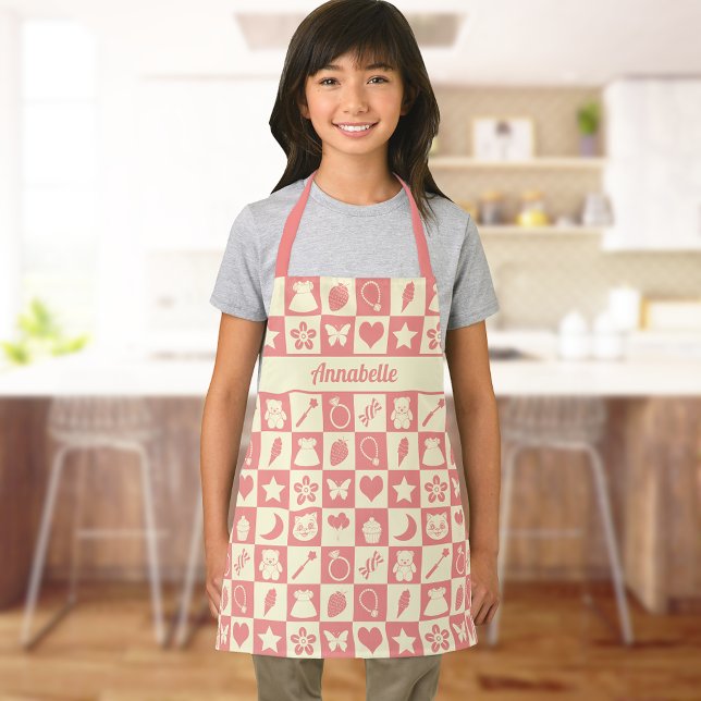 Niedliches Girl Modern Pink Checkered Icons Muster Schürze (Von Creator hochgeladen)