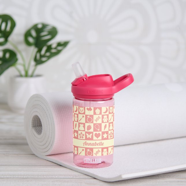 Niedliches Girl Modern Pink Checkered Icons Muster Trinkflasche (Yoga)