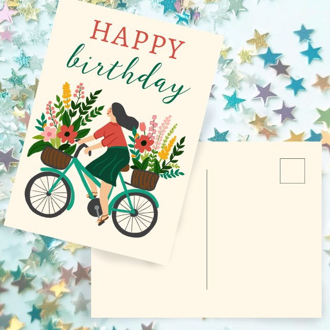 Niedliches Girl Riding Fahrrad mit Blume Gerne zum Postkarte (Cute Girl Riding Bicycle w Flowers Happy Birthday Postcard
)
