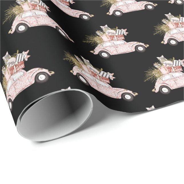 Niedliches Girl-Rosa-Auto Weihnachten Geschenkpapier (Rolleneckpunkt)