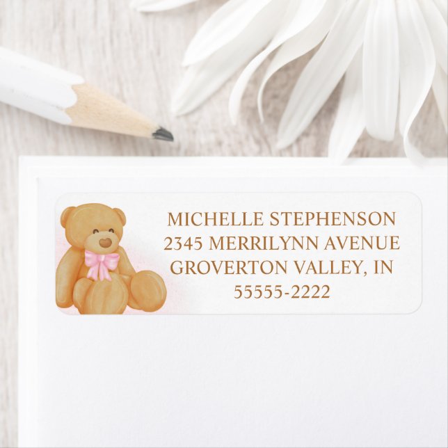 Niedliches Girl Teddy Bear Pink Bow Label (Insitu)