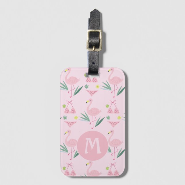 Niedliches Girly Flamingo und Bikini Pink Monogram Gepäckanhänger (Vorderseite Vertikal)