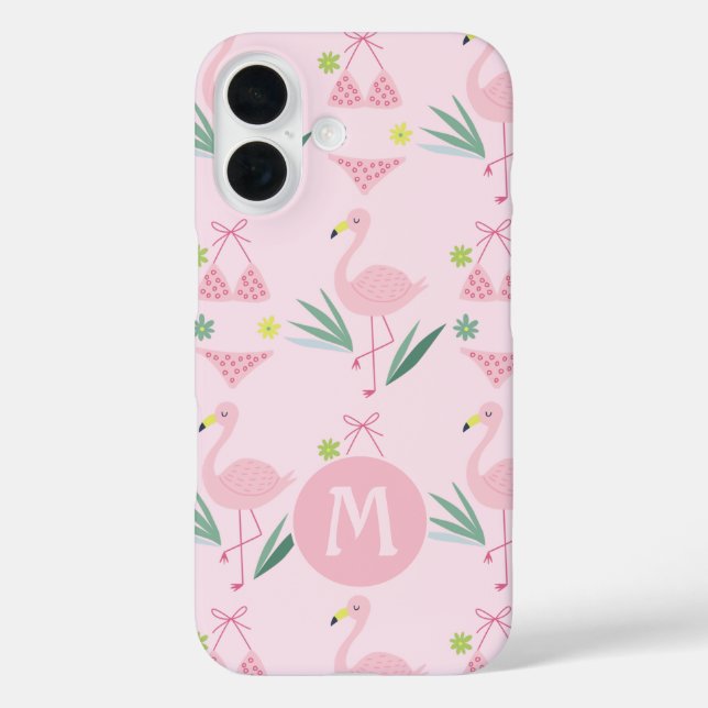 Niedliches Girly Flamingo und Bikini Pink Monogram iPhone 16 Hülle (Rückseite)
