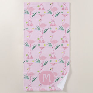 Niedliches Girly Flamingo und Bikini Pink Monogram Strandtuch