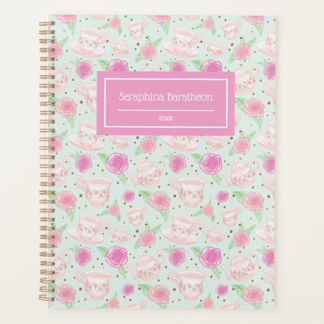 Niedliches Girly Floral Tees Cups Muster Personali Planer (Vorderseite)
