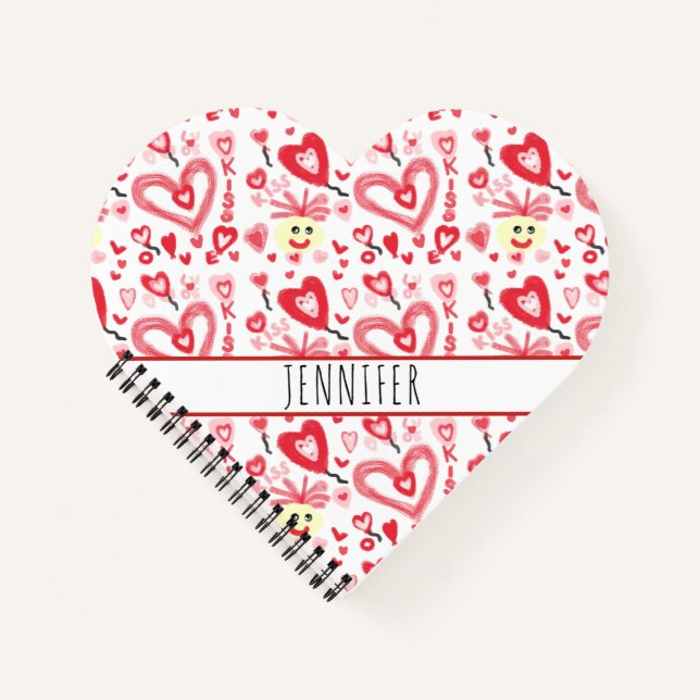 Niedliches Girly Heart Doodle Rosa Personalisiert Notizbuch (Vorderseite)