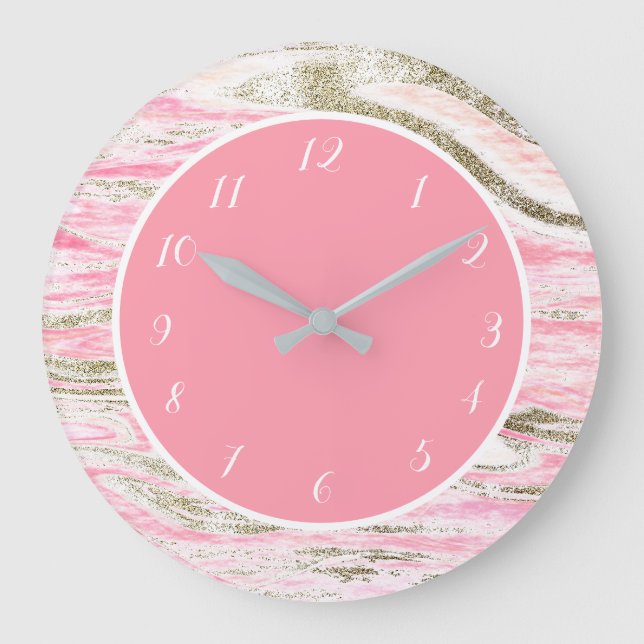 Niedliches Girly Pink Gold Marmormuster Große Wanduhr (Vorderseite)