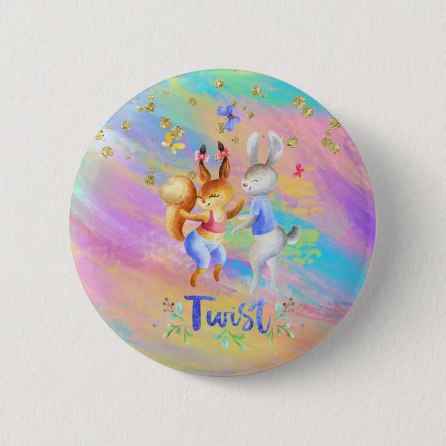 Niedliches Girly Pink Lila Blue Forest Animals Par Button (Vorderseite)