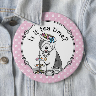Niedliches Girly Tea Party Altes Englisch Sheepdog Button