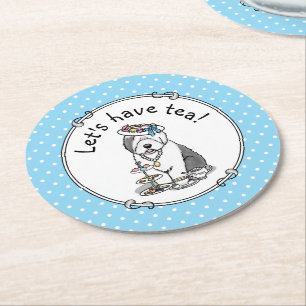 Niedliches Girly Tea Party Altes Englisch Sheepdog Runder Pappuntersetzer
