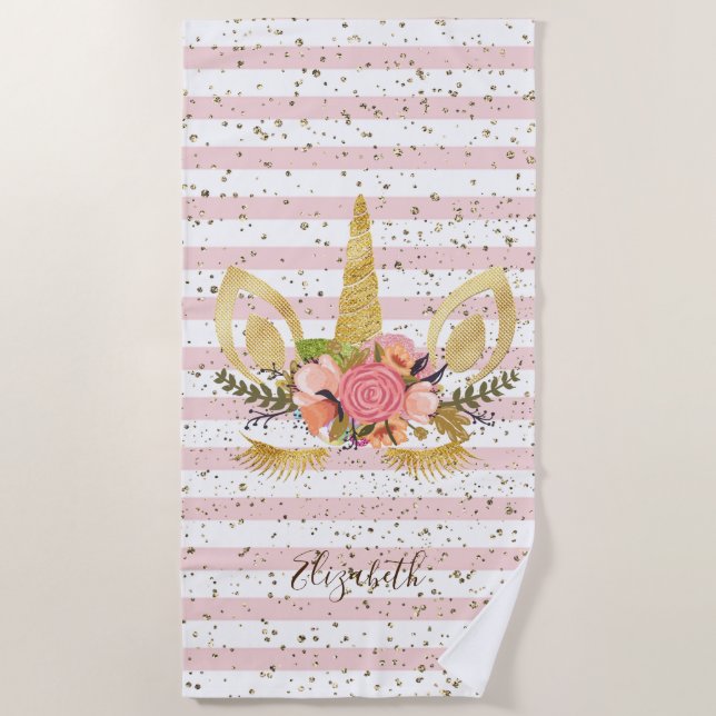 Niedliches Girly Unicorn, gestreift - Personalisie Strandtuch (Vorderseite)