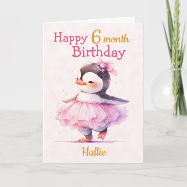 Niedliches Glück 6 Monate Geburtstag Pinguin Balle Karte (Vorderseite)