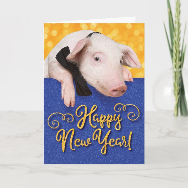 Niedliches Glück Neujahr Schweinchen mit Krawatte Karte (Vorderseite)