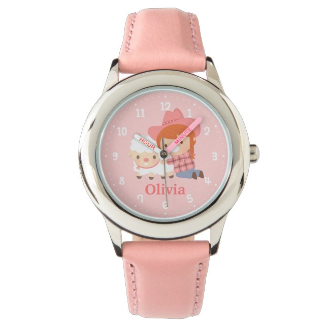 Niedliches glückliches Cowgirl mit Lamb für Mädche Armbanduhr (Vorderseite)