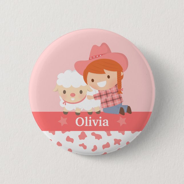 Niedliches glückliches Cowgirl mit Lamm für Button (Vorderseite)